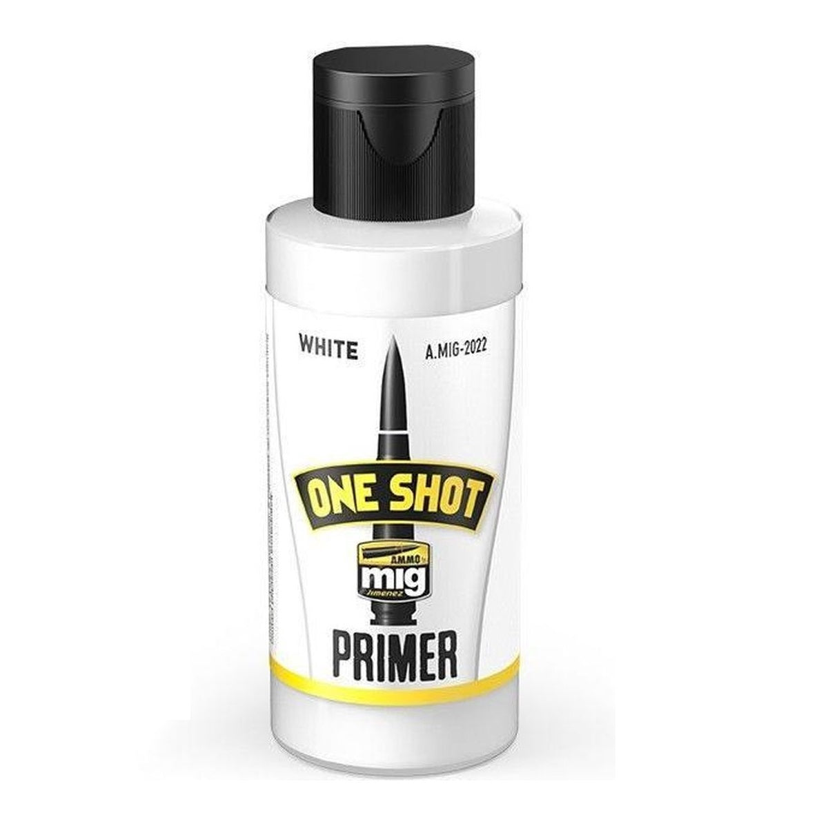 A white Ammo by MIG One Shot Primer 60ml bottle featuring a black flip-top cap, a bullet graphic, and yellow 'ONE SHOT' and 'PRIMER' text