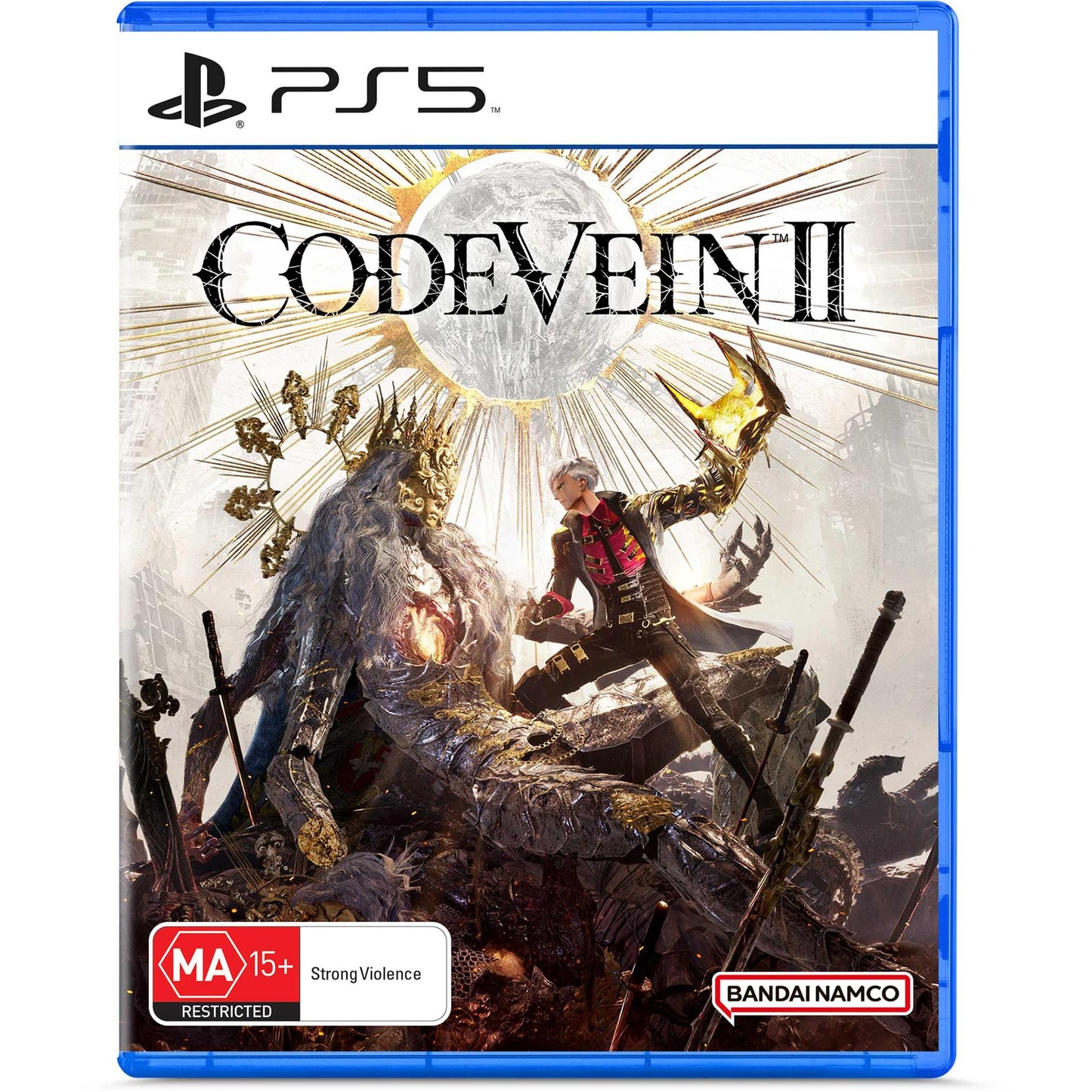 Code Vein II PS5 cover: A fighter with a golden gauntlet attacks a large, crowned boss monster
