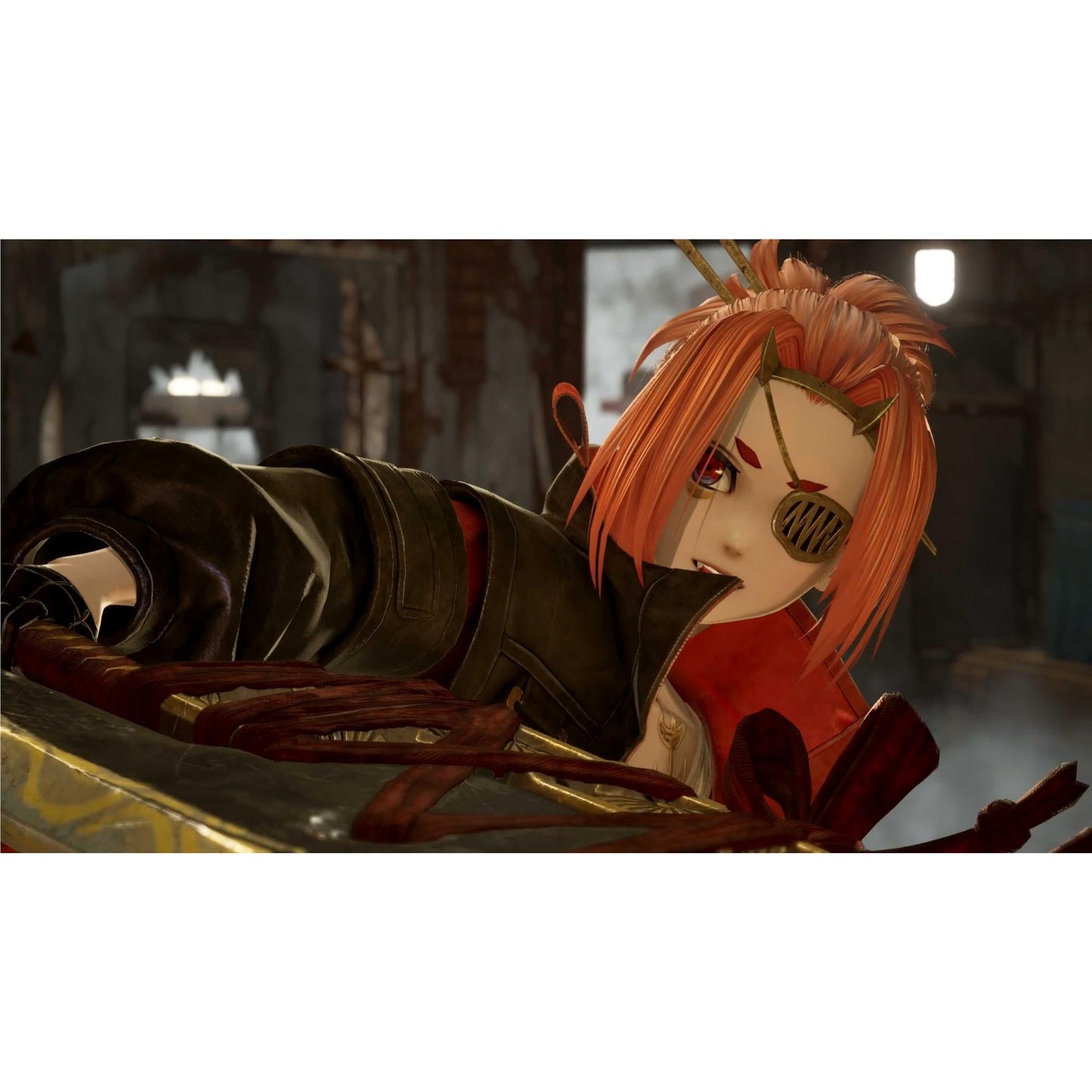 Intense anime character with orange hair, fangs, and a gold eyepatch leans forward, wearing a dark coat