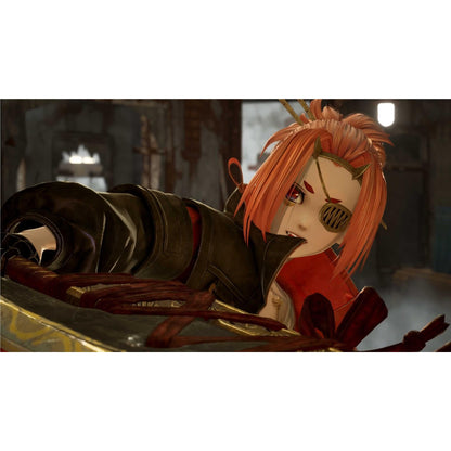 Intense anime character with orange hair, fangs, and a gold eyepatch leans forward, wearing a dark coat