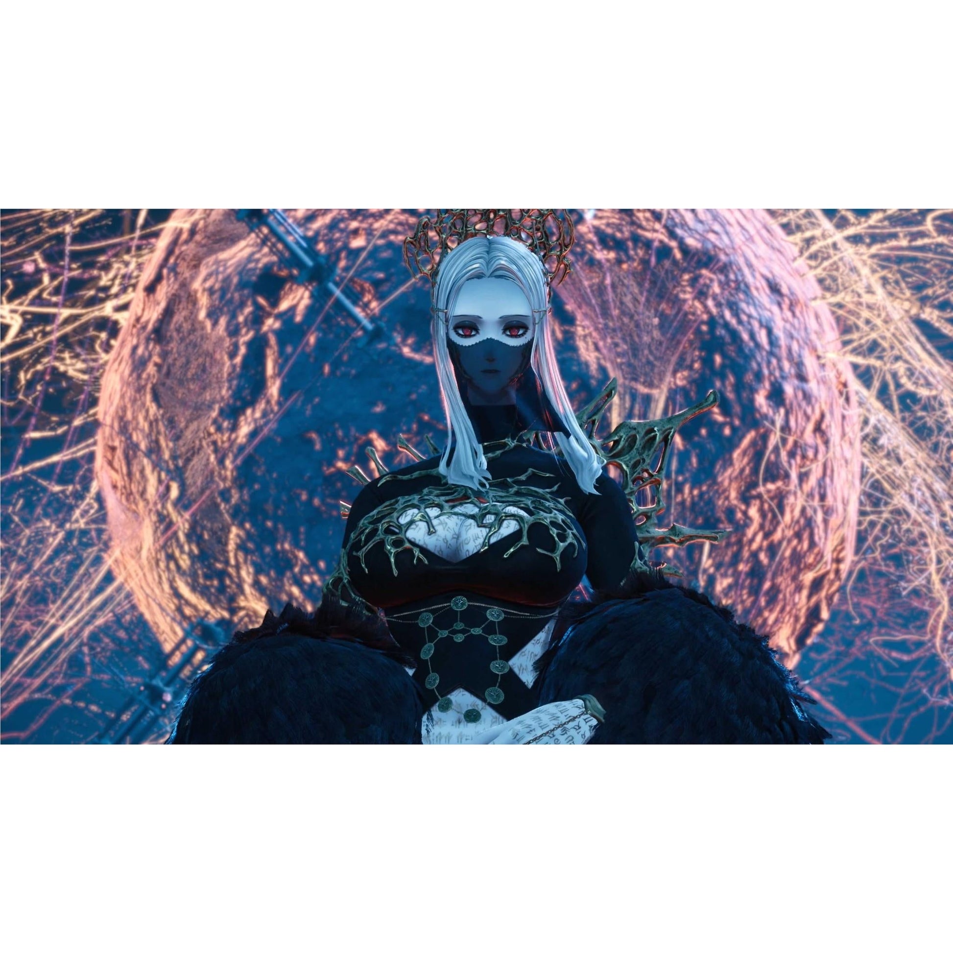 Pale, masked fantasy woman with red eyes and a dark crown, seated before a massive glowing cosmic sphere