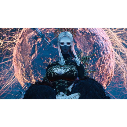 Pale, masked fantasy woman with red eyes and a dark crown, seated before a massive glowing cosmic sphere