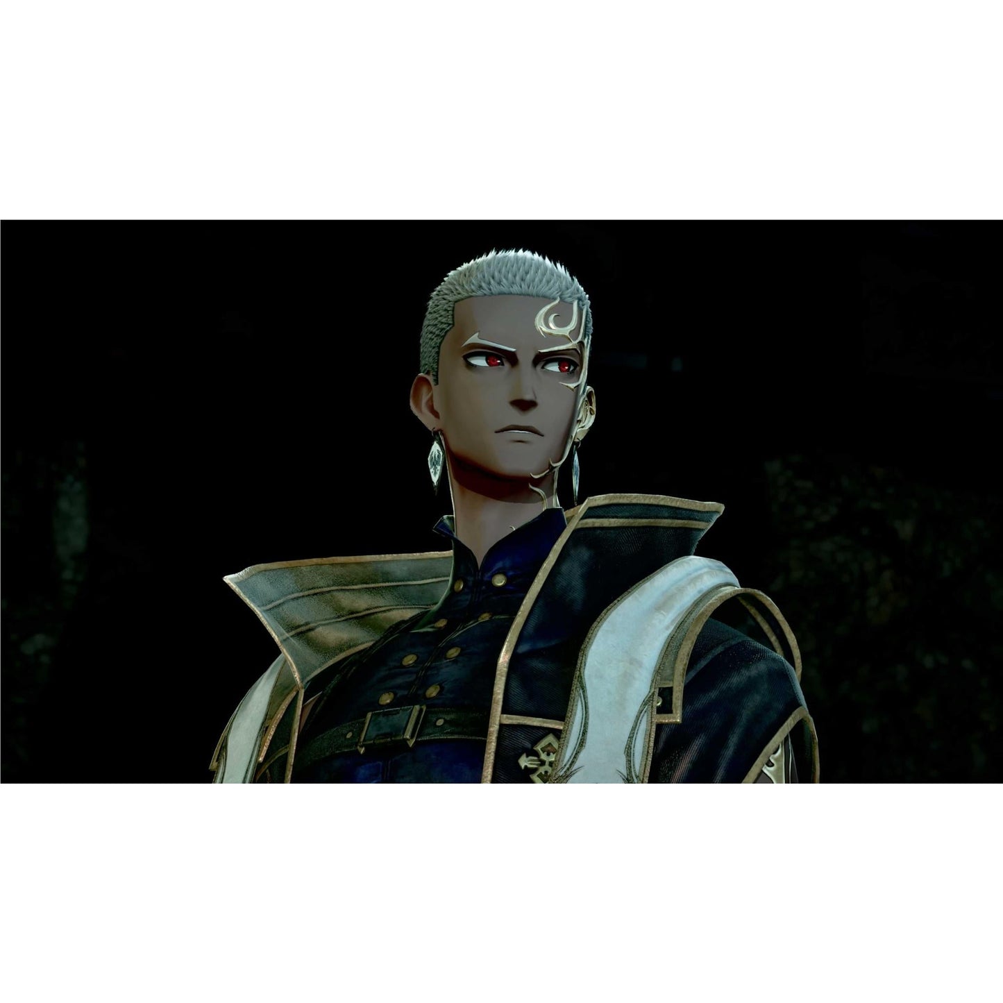 Solemn fantasy man with red eyes, gray hair, and gold face markings, wearing an ornate dark uniform