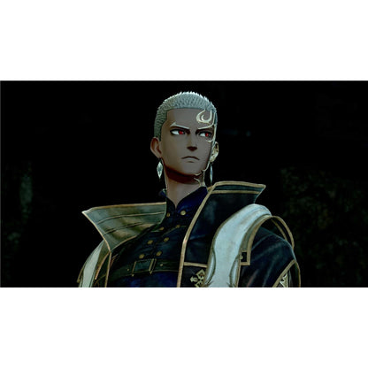 Solemn fantasy man with red eyes, gray hair, and gold face markings, wearing an ornate dark uniform