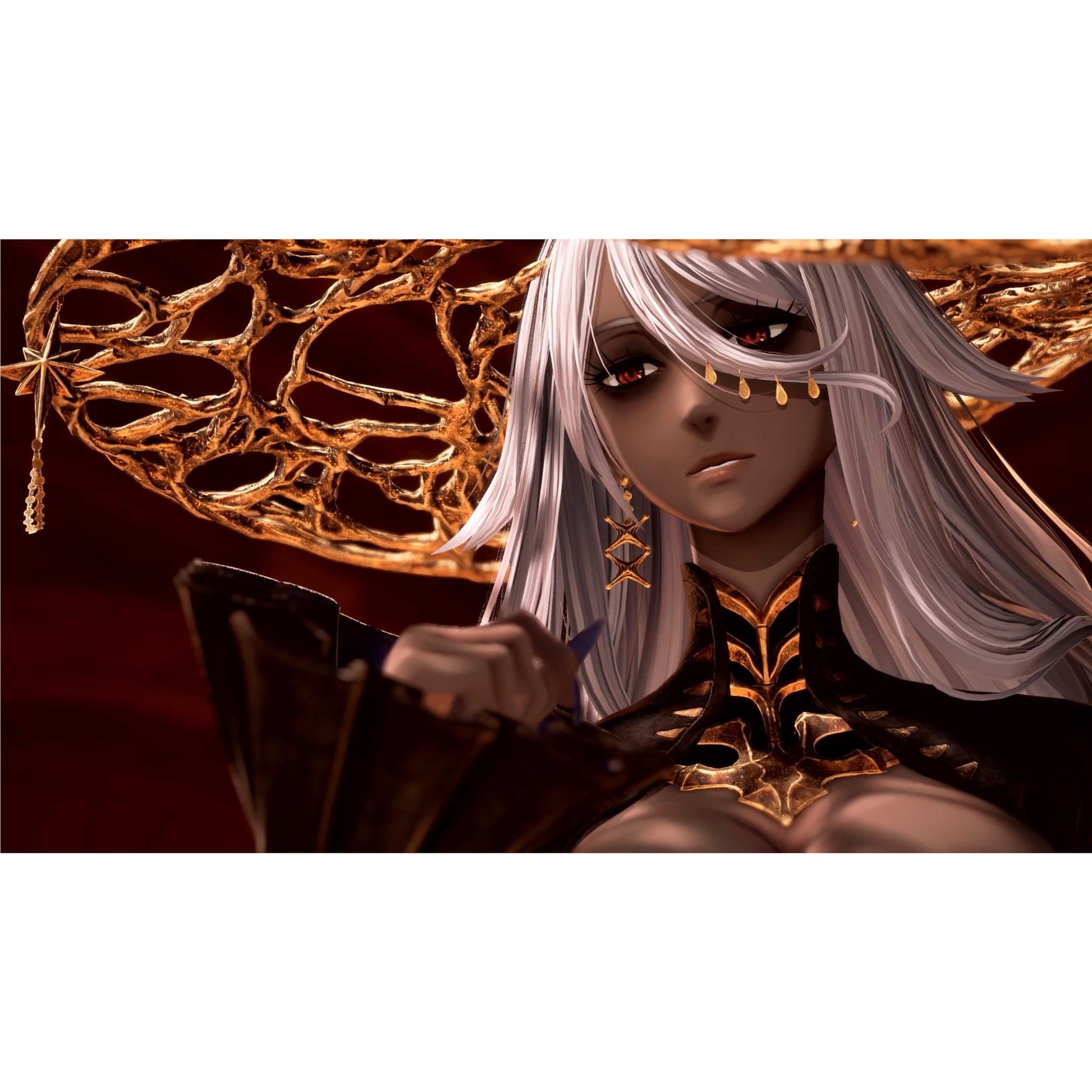 Close-up of a fantasy woman with long white hair, red eyes, and an elaborate golden branching crown, looking intently