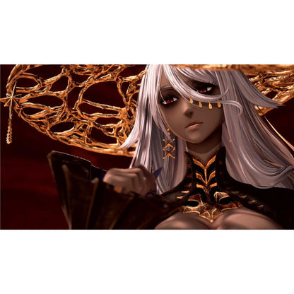 Close-up of a fantasy woman with long white hair, red eyes, and an elaborate golden branching crown, looking intently