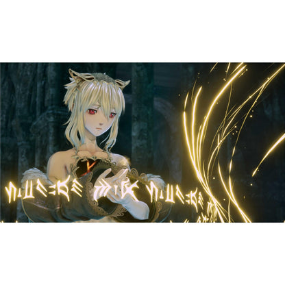 Blonde sorceress casting magic; golden runes and light streams swirl around her in a dark cavern