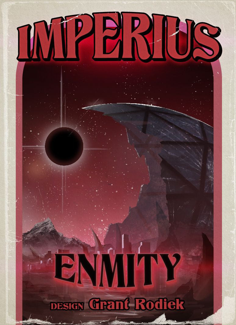 Poster for Imperius Enmity game with stylized red title over futuristic cityscape and black sun eclipse