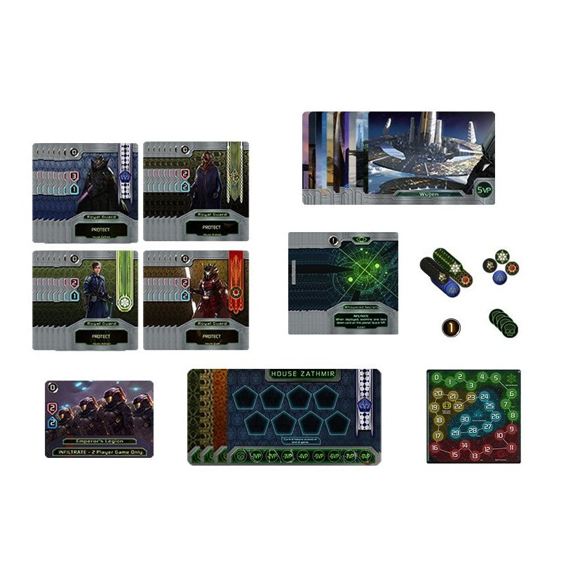 Imperius game components including cards and tokens displayed