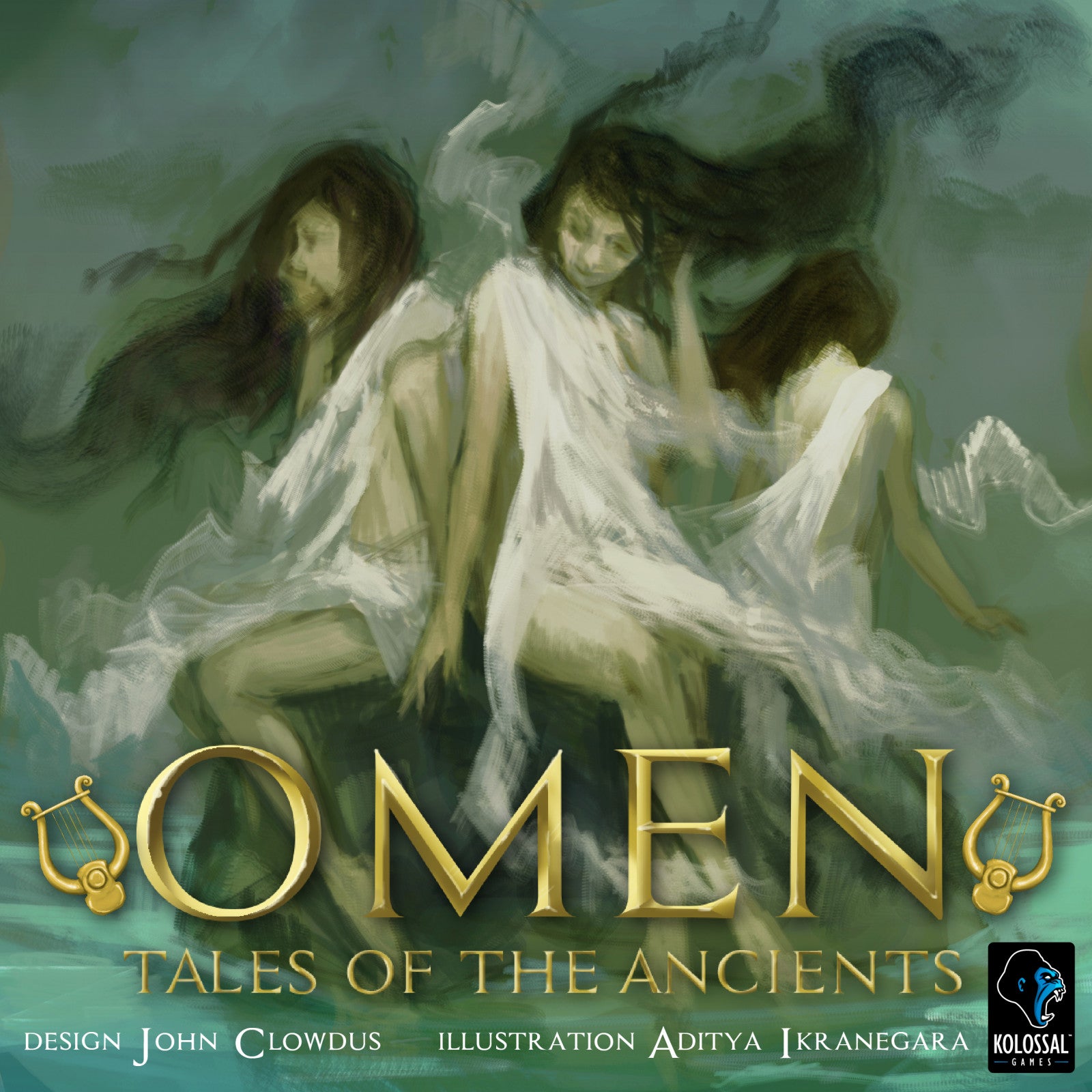Omen Tales of the Ancients expansion box art featuring three figures in flowing white robes surrounded by mist with a golden lyre and title text below