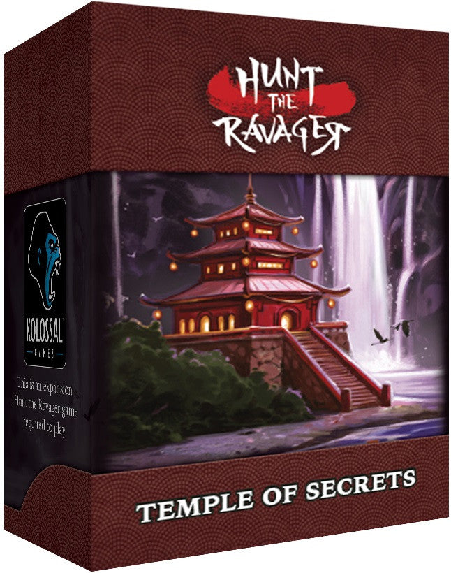 Hunt the Ravager Temple of Secrets board game expansion box featuring a red temple in a lush landscape with waterfalls