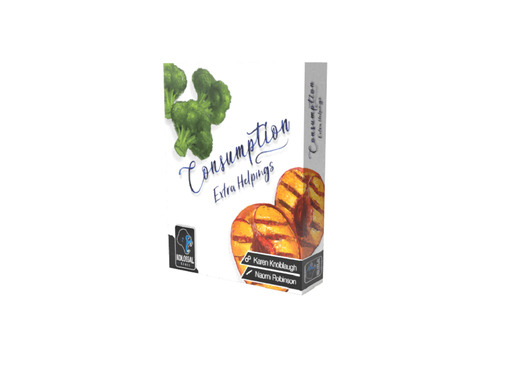 A white game box for Consumption Extra Helpings featuring broccoli and grilled peaches on the front