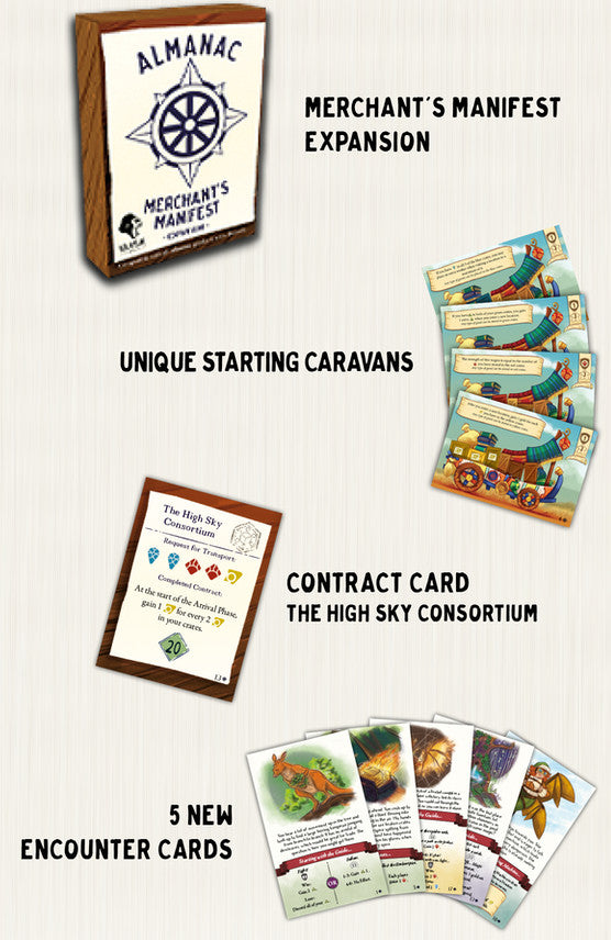 Almanac Dragon Road - Merchant's Manifest Expansion with cards for unique caravans encounters and a contract