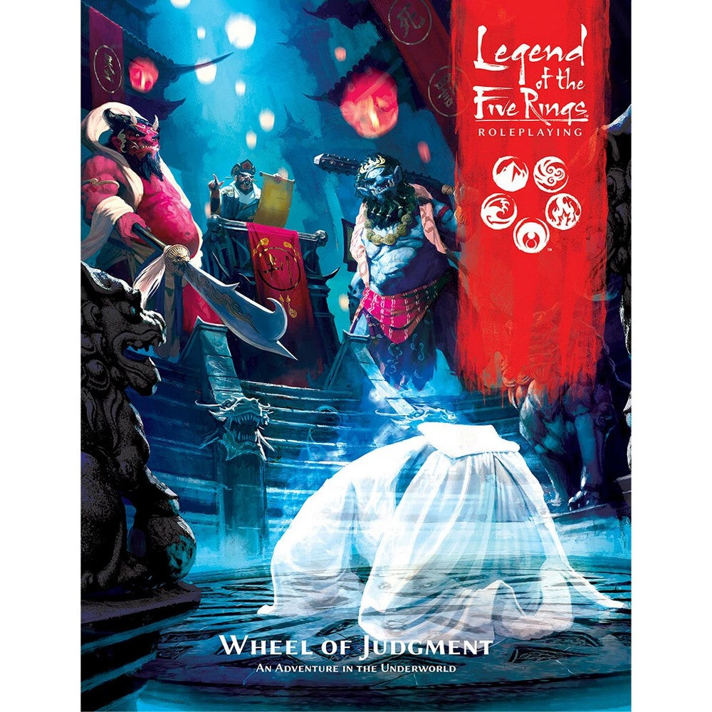 Legend of the Five Rings RPG Wheel of Judgment art: Two imposing demonic figures and a robed judge preside over a translucent spirit in an ethereal underworld court