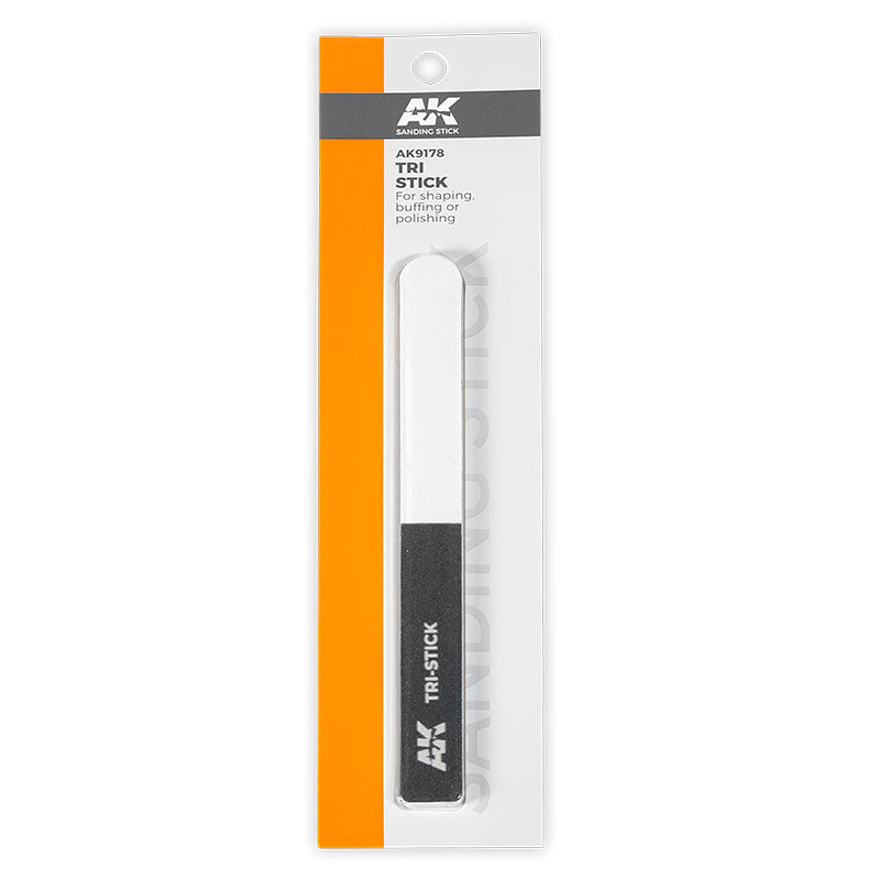 A white and gray Sanding Tri-Stick for shaping, buffing or polishing, displayed in clear retail packaging with an orange header