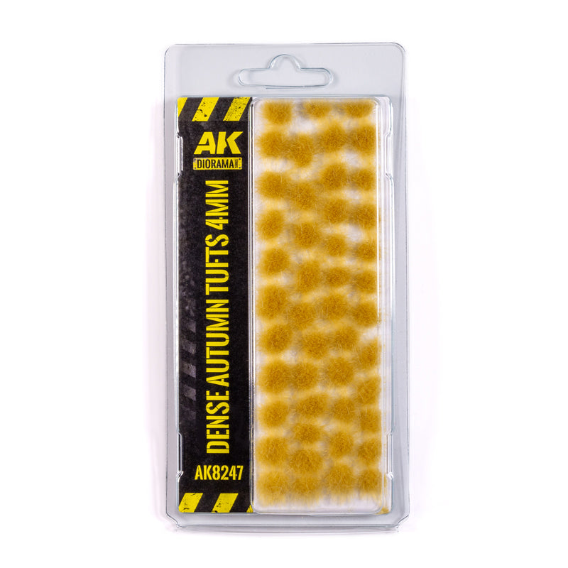 A clear plastic package containing many small yellow-brown Dense Autumn Tufts 4mm, with a black and yellow product label on the side
