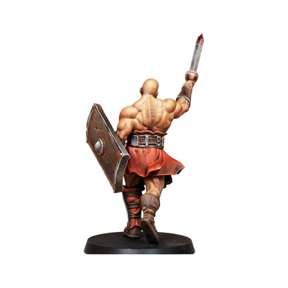 The Julius Figure miniature, a bald muscular gladiator seen from behind, holding a shield and raising a bloody sword