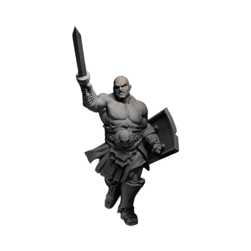 AK Interactive Fantasia Resin Julius Figure 40mm depicts a muscular, bald warrior in armor holding a sword aloft and a shield ready