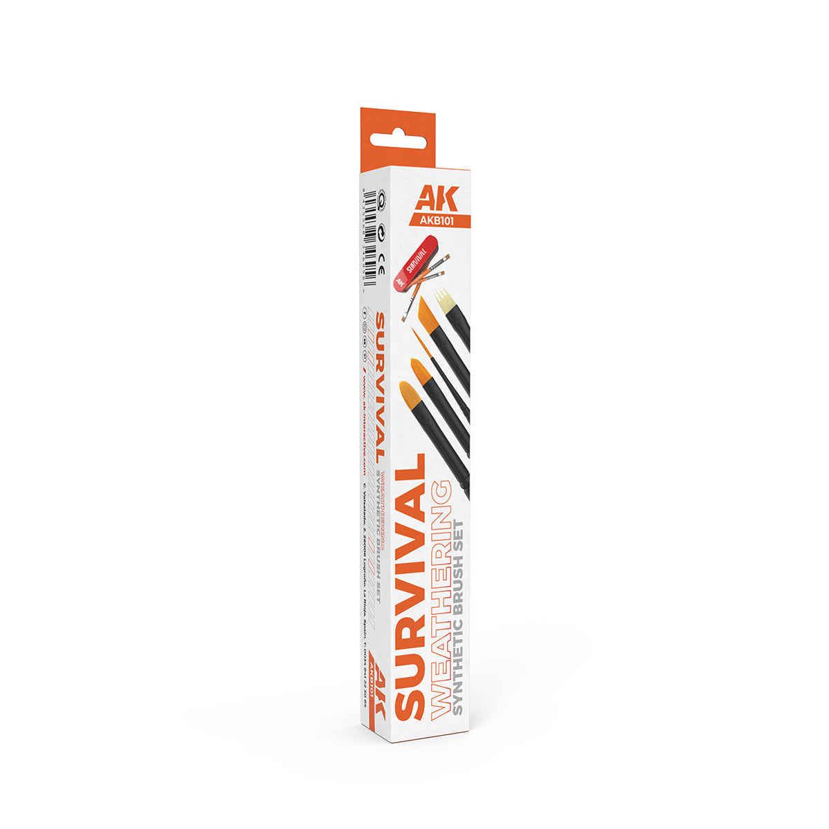 A white box for a Survival Weathering Synthetic Brush Set with five artist brushes illustrated on the front and an orange hanging tab