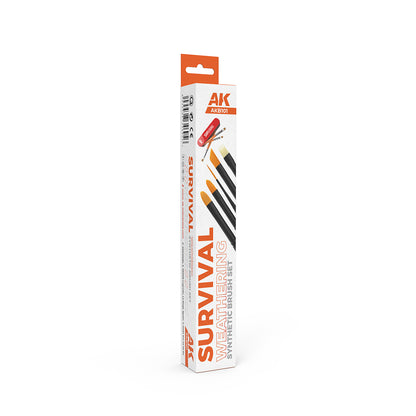 A white box for a Survival Weathering Synthetic Brush Set with five artist brushes illustrated on the front and an orange hanging tab