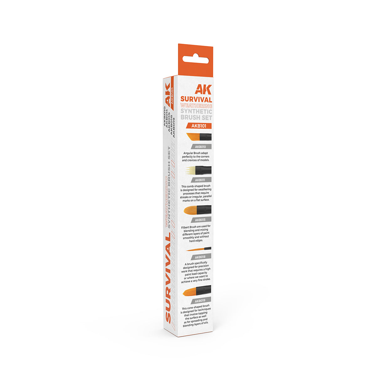 A white and orange retail box for a Survival Weathering Brushes Set with five synthetic brushes pictured and described on the side