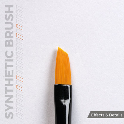 Close-up of a synthetic angled paint brush with bright orange bristles and a black handle against a white textured background