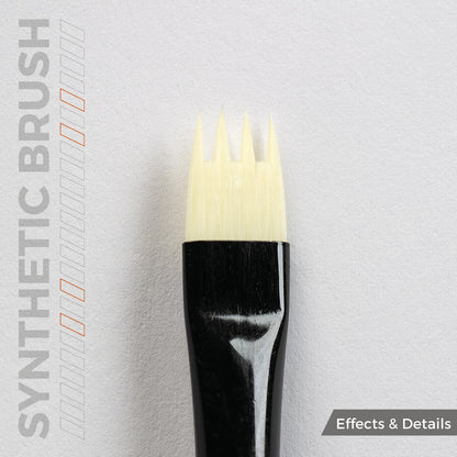 Close up of a synthetic weathering brush with a black handle and four pointed light-colored bristles