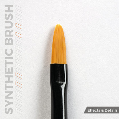 A close-up of a synthetic brush with bright yellow bristles and a black handle