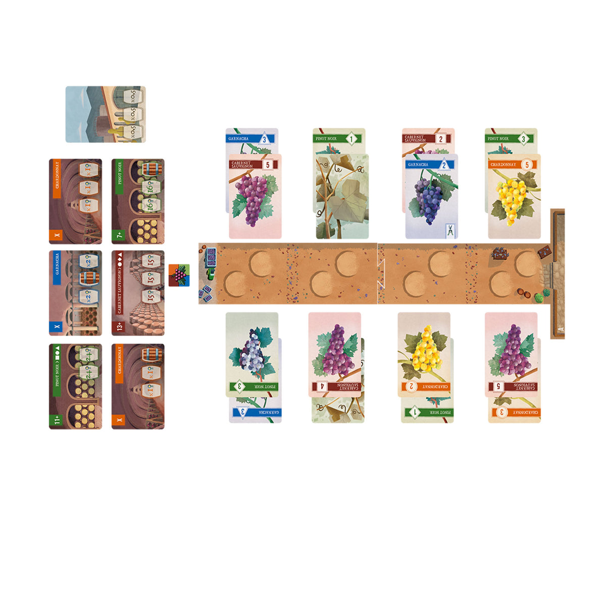 Game box and components including board, tokens, and cards