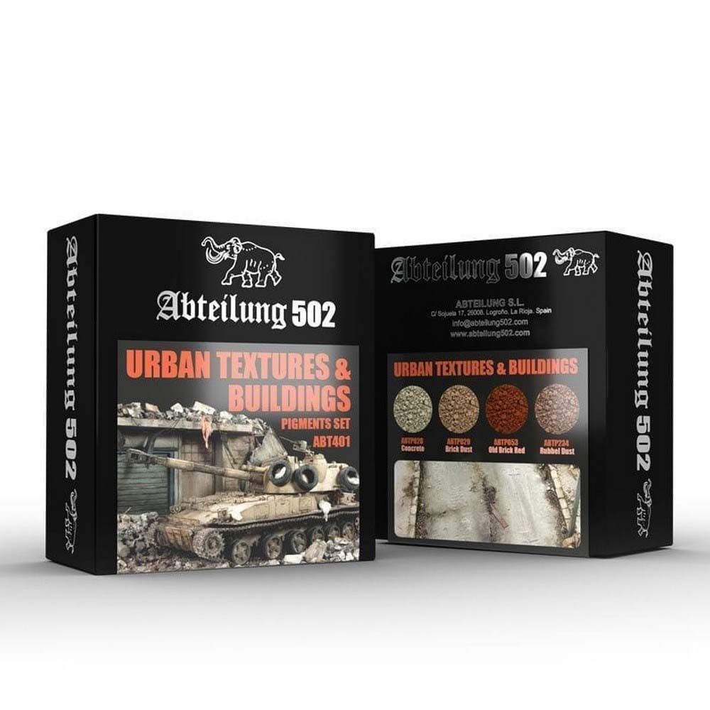 Two Abteilung 502 Urban Textures & Buildings Pigments Set boxes are displayed, one showing a tank diorama and the other pigment colour samples