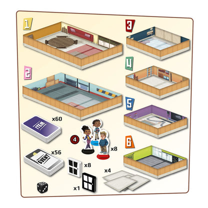 Isometric illustration of different room game pieces and components including character tokens item and event cards a die door tokens and paper tokens used in a board game