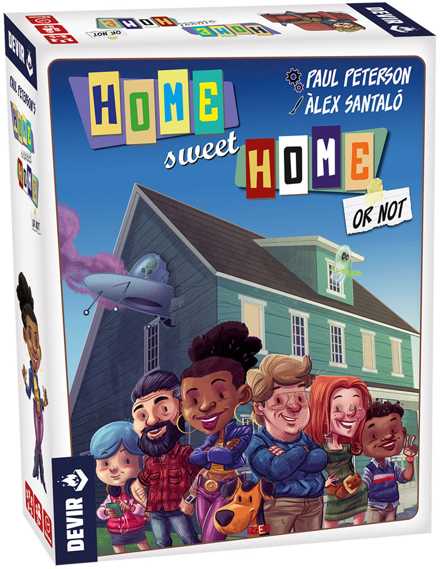 Box for the Home Sweet Home Or Not board game showing a family and various monsters and creatures near a house