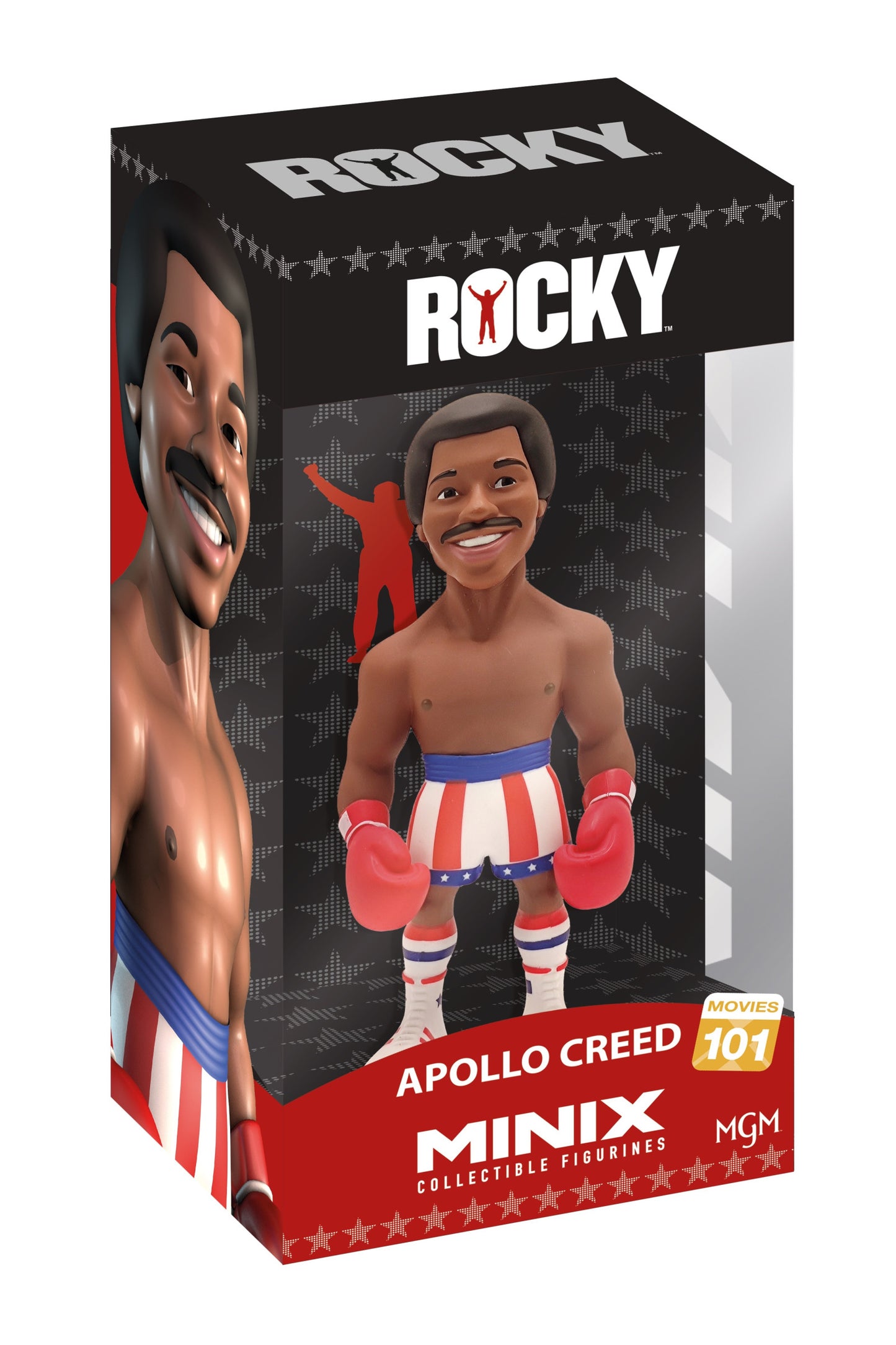 Minix Rocky Apollo Creed collectible vinyl figurine in a retail box showcasing the boxer in red white and blue shorts and red gloves