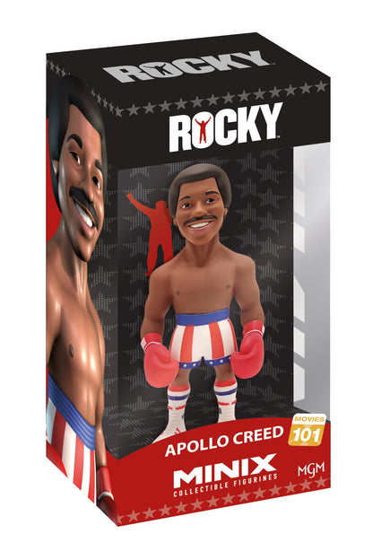 Minix Rocky Apollo Creed collectible vinyl figurine in a retail box showcasing the boxer in red white and blue shorts and red gloves