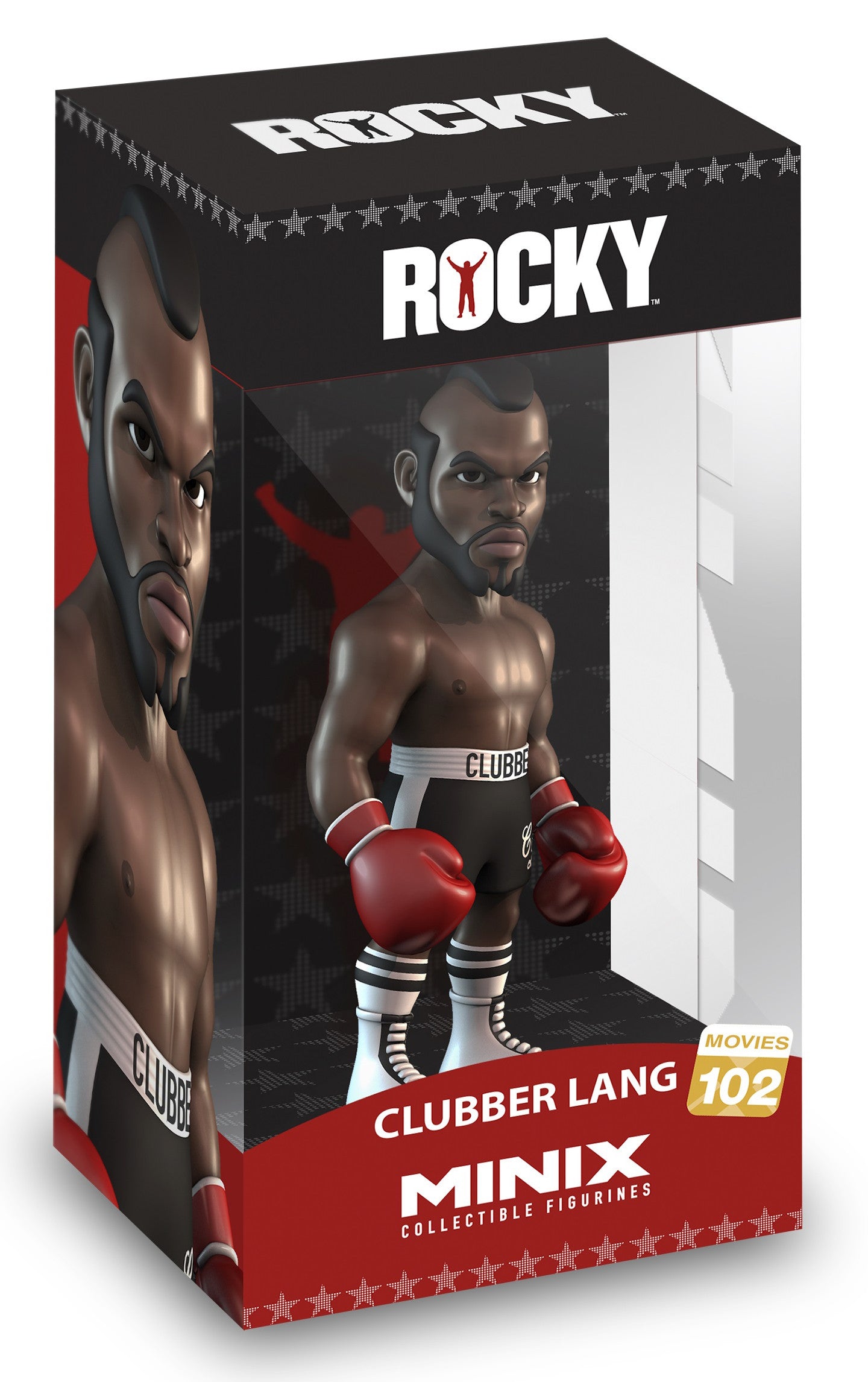 Front view of Clubber Lang figure with mohawk hairstyle, blue trunks, and boxing gloves in fight stance