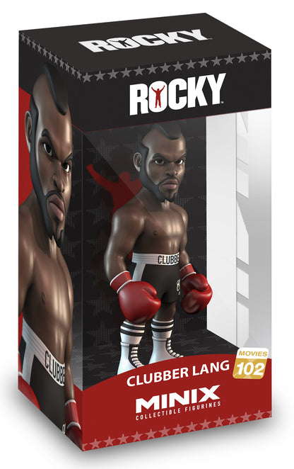 Front view of Clubber Lang figure with mohawk hairstyle, blue trunks, and boxing gloves in fight stance