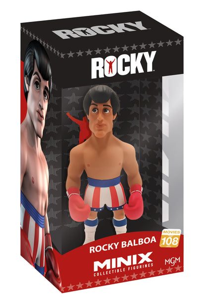 Front view of Rocky Balboa figure in red boxing gloves and American flag shorts, muscular pose