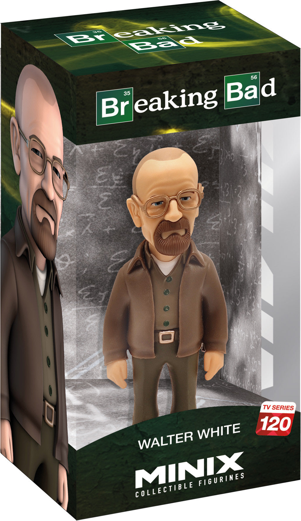 Walter White Breaking Bad Minix collectible vinyl figure in brown jacket and glasses displayed in clear window packaging