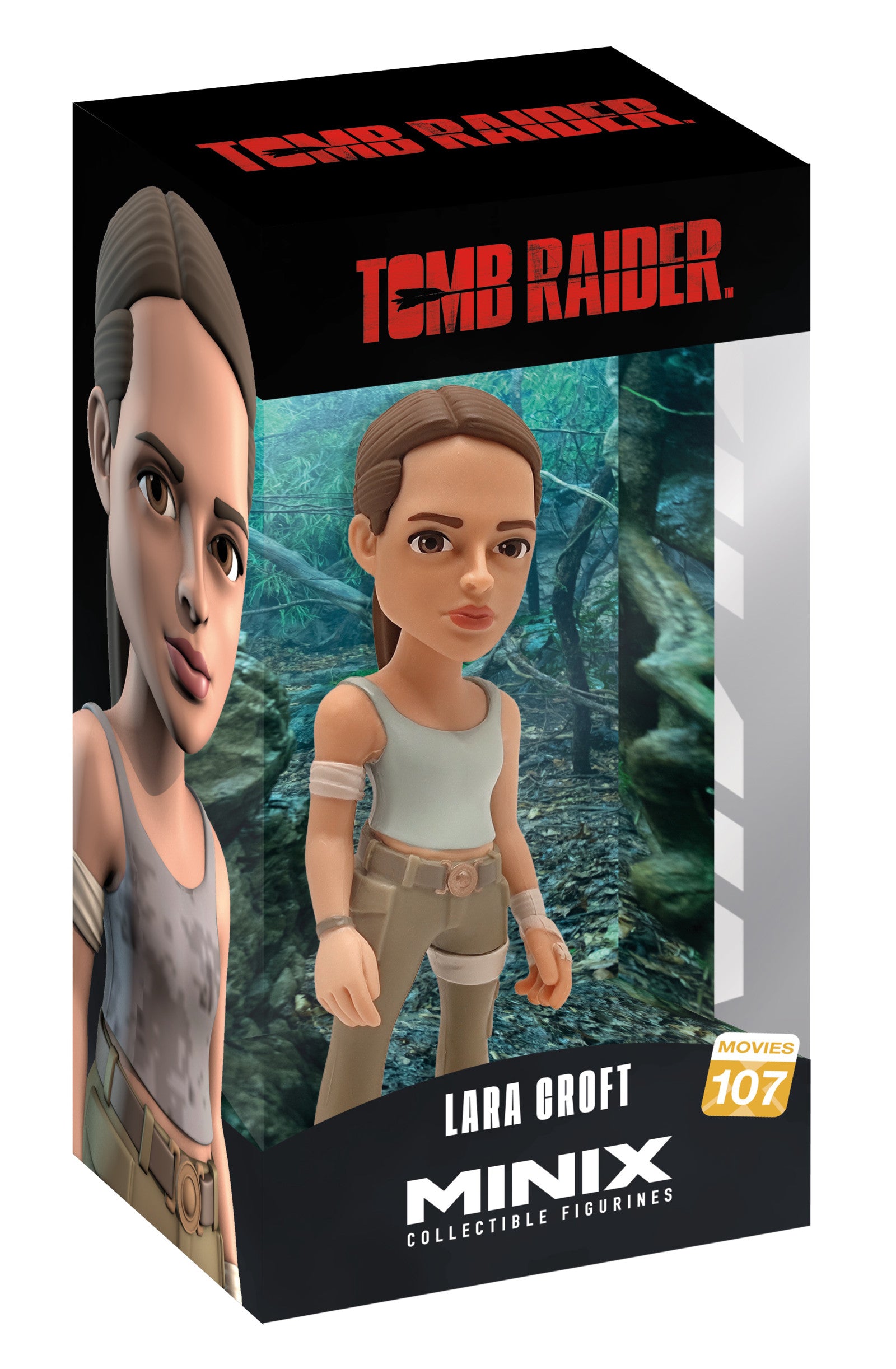 Front view of Lara Croft figure with brown ponytail, blue tank top, and dual pistols holstered
