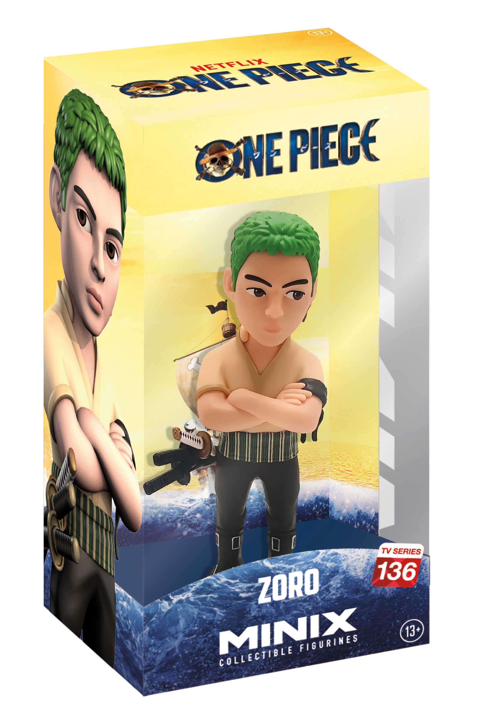 Front view of Zoro with green hair, crossed arms, and a stern expression, wearing green haramaki and swords at his side