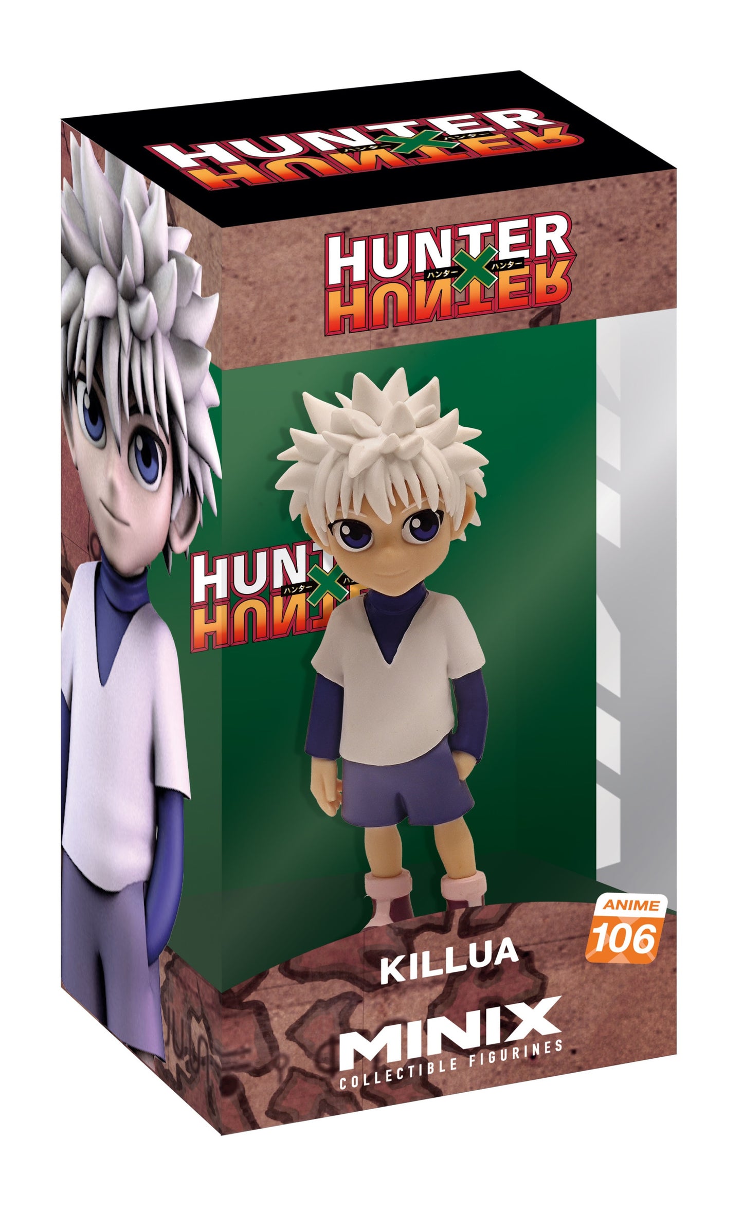 Front view of Killua figure with spiky silver hair, white and purple outfit, and confident smile