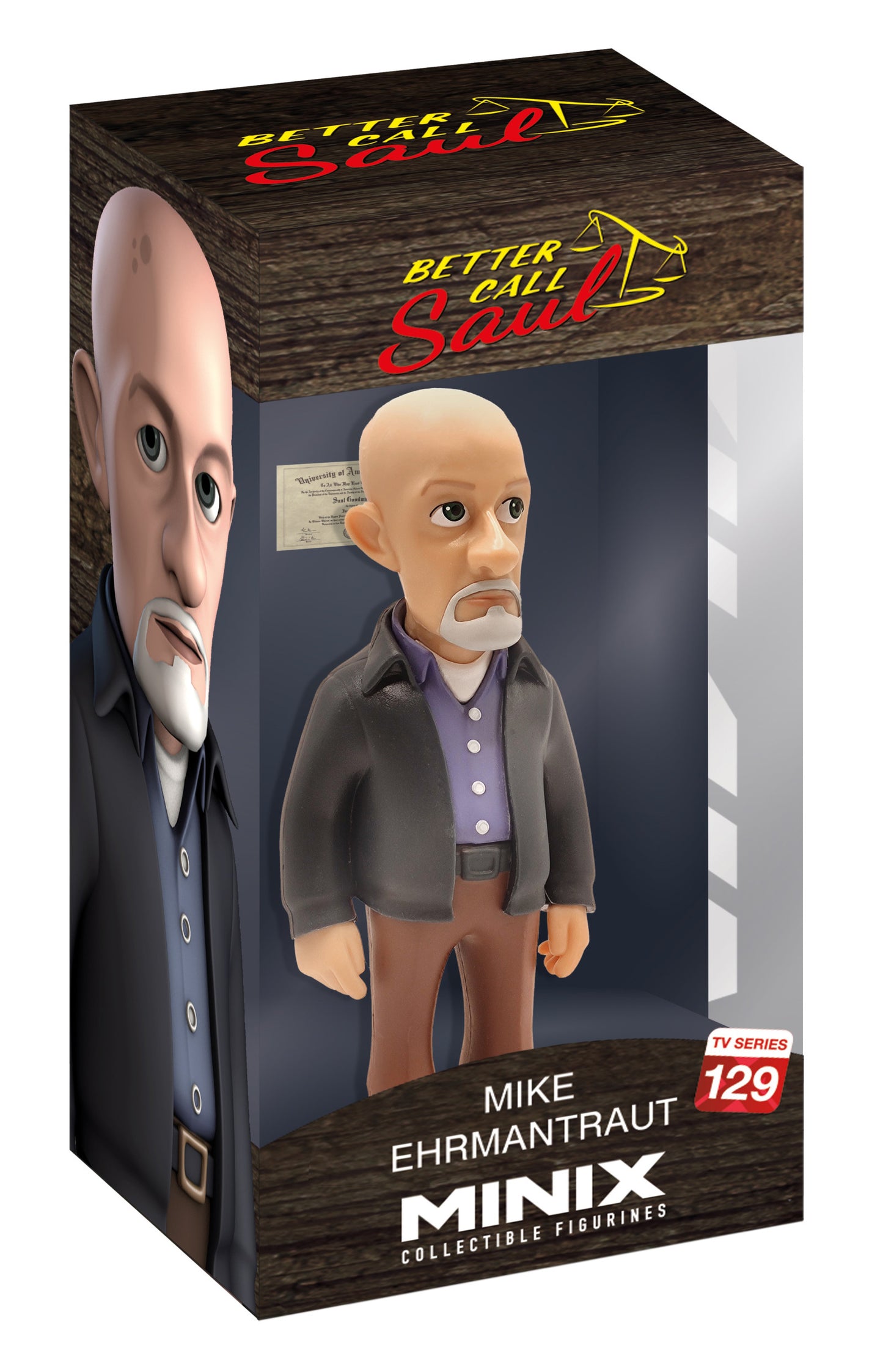 Minix Better Call Saul Mike Ehrmantraut collectible figurine number 129 displayed in a window box showcasing