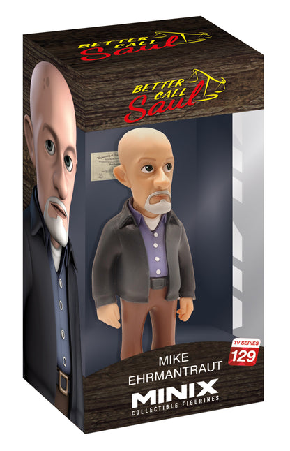 Minix Better Call Saul Mike Ehrmantraut collectible figurine number 129 displayed in a window box showcasing