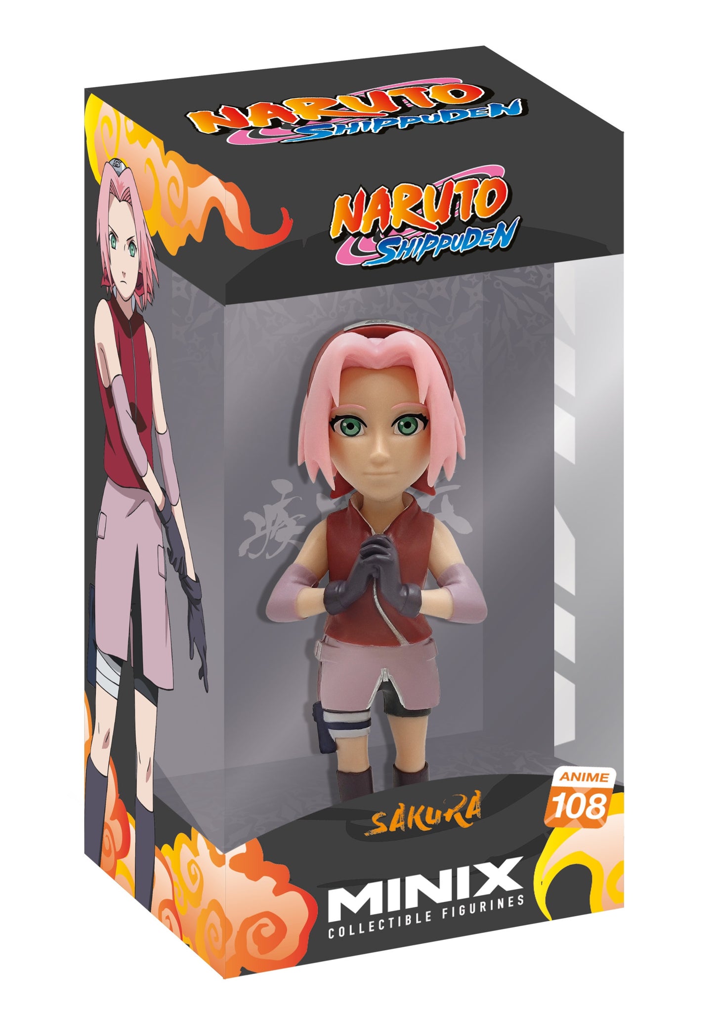 Front view of the Sakura Haruno figure in red top and pink skirt, with green eyes and pink hair, right hand clenched in a fist