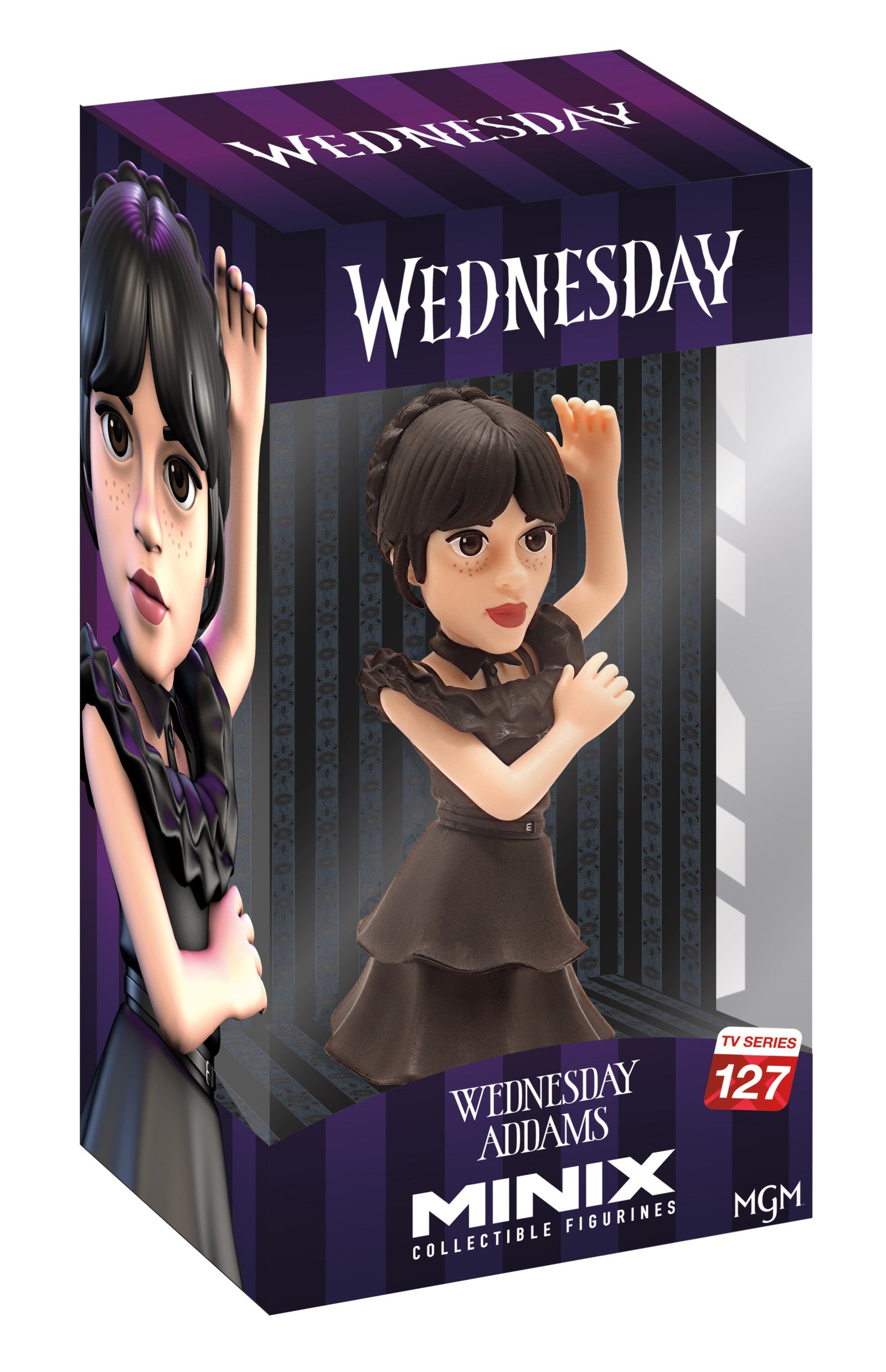 Front view of Wednesday Addams in black layered ball dress with somber expression and braided hair