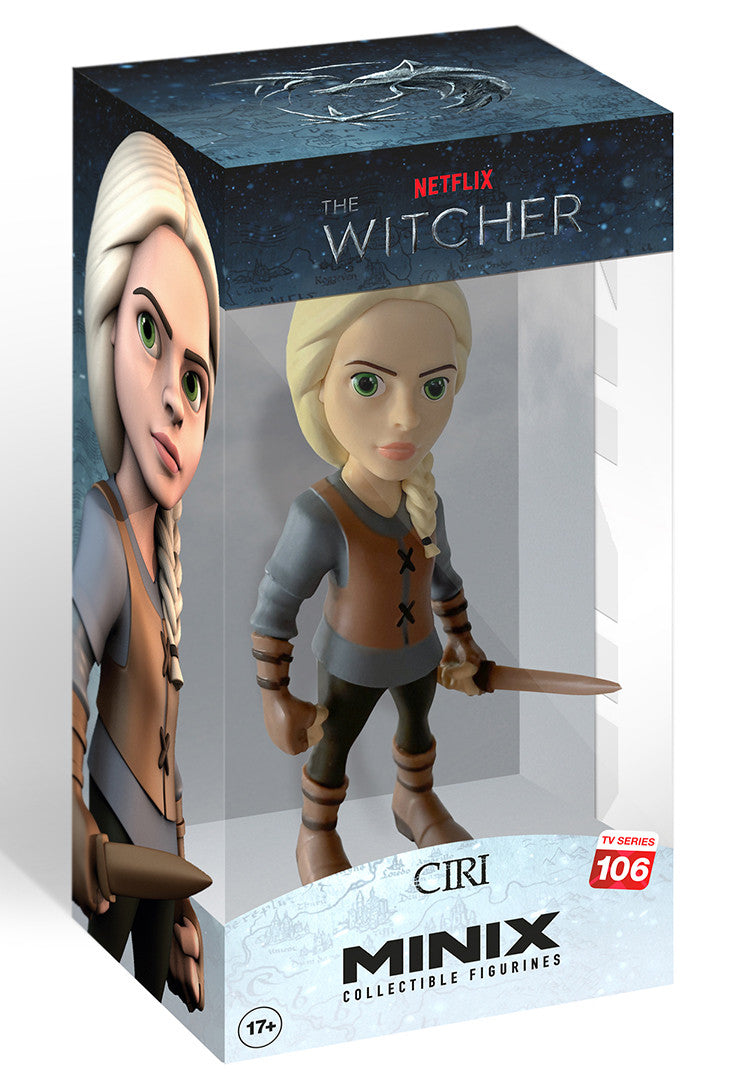 Ciri Minix collectible figurine from The Witcher TV series a blonde-haired character in a brown vest and gray shirt holding a dagger