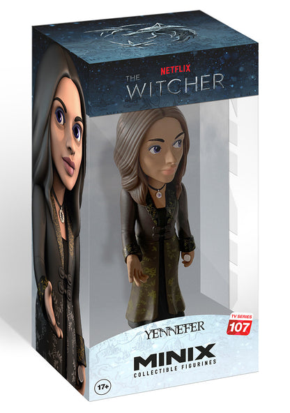 Yennefer Minix collectible figurine from The Witcher Netflix TV series featuring the character in a brown coat with intricate green and gold details