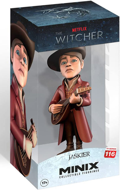 Minix The Witcher Jaskier collectible figurine depicting the bard in a brown hat and red long coat playing a lute displayed in clear plastic box packaging