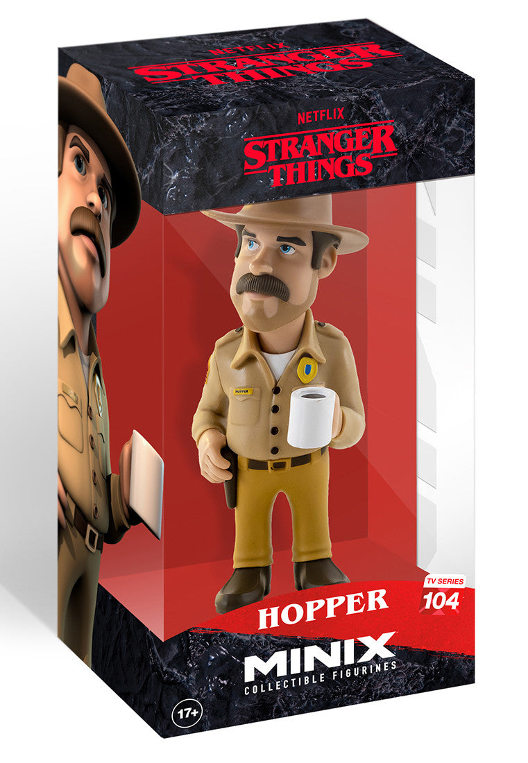 Minix Stranger Things Hopper collectible figurine wearing a police uniform with hat holding a white coffee mug displayed in clear window box