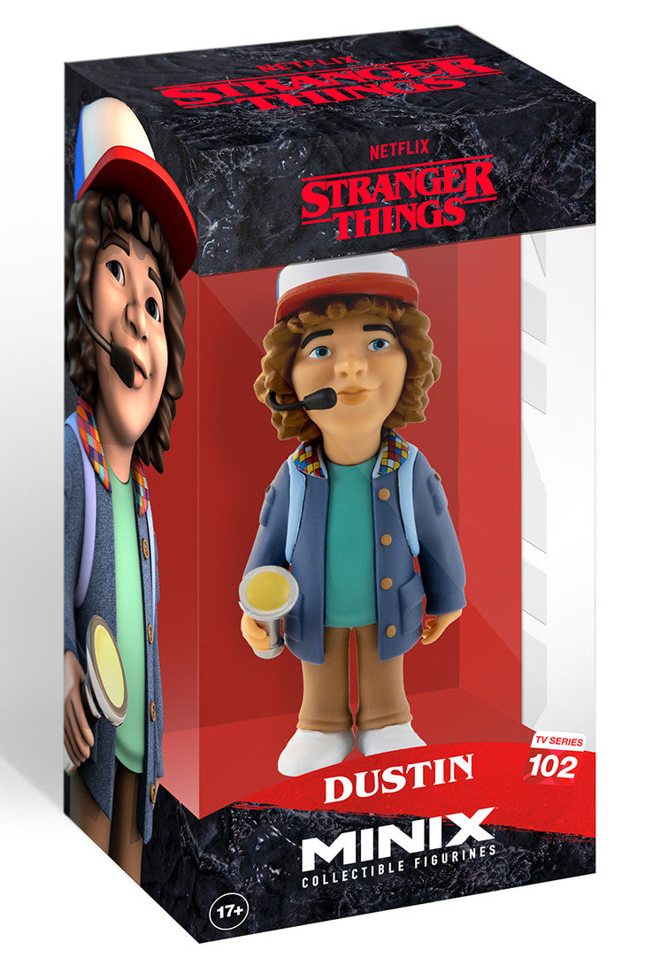 Stranger Things Dustin Minix collectible figurine TV Series 102 in a clear display box with show logo featuring curly hair headset and flashlight